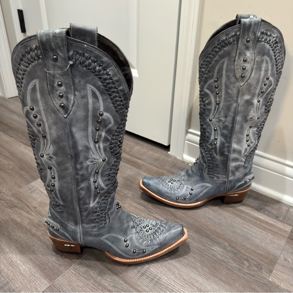 Lane Cosette Braided Stud Western Cowboy Leather Boots in Washed Denim - Picture 2 of 14